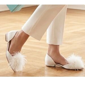 Blue by Betsey Johnson Anna D’ Orsay Flats with Feather Puff Sz 9 Ivory Satin